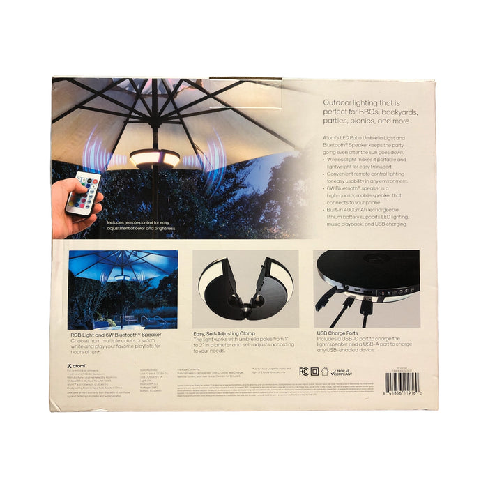 Atomi LED Patio Umbrella Light + Speaker, 6W Bluetooth Speaker + RGB Light + USB