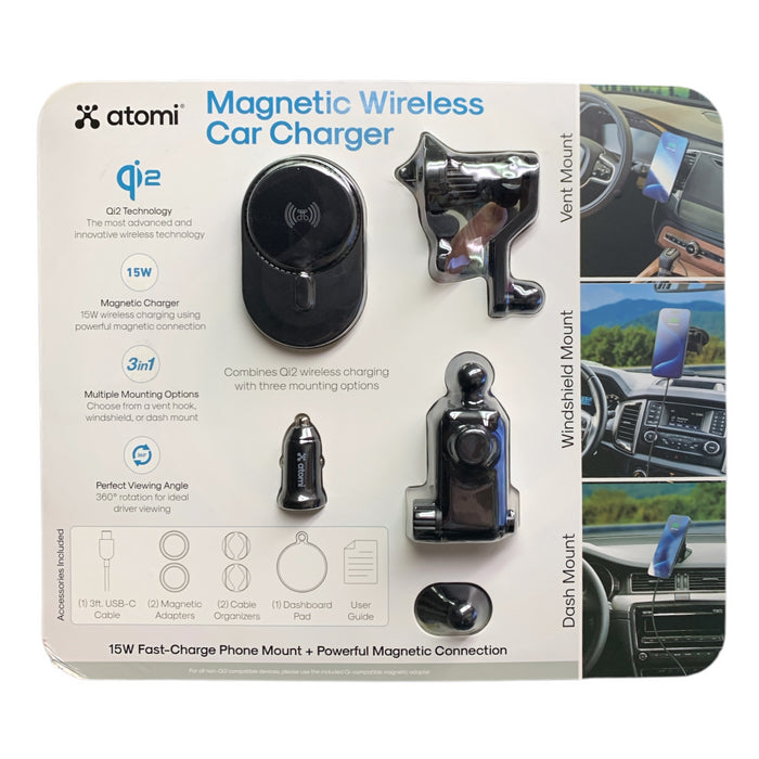 Atomi Qi2 3-in-1 Magnetic Wireless Car Charge Kit, 15W Fast-Charge Phone Mount
