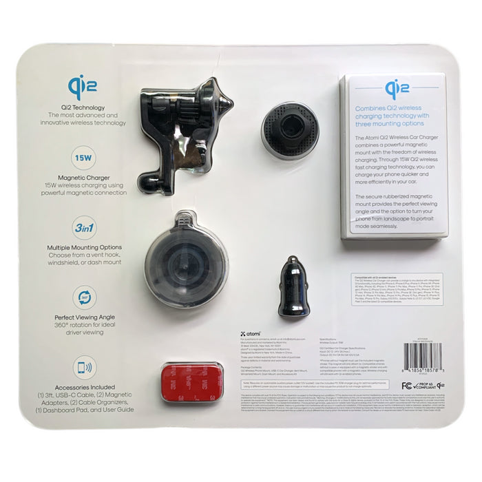 Atomi Qi2 3-in-1 Magnetic Wireless Car Charge Kit, 15W Fast-Charge Phone Mount