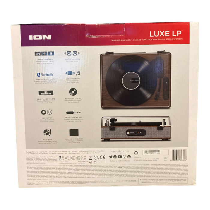 ION Audio Luxe LP 3 Speed Full Size Bluetooth Vinyl Record Player with Speakers