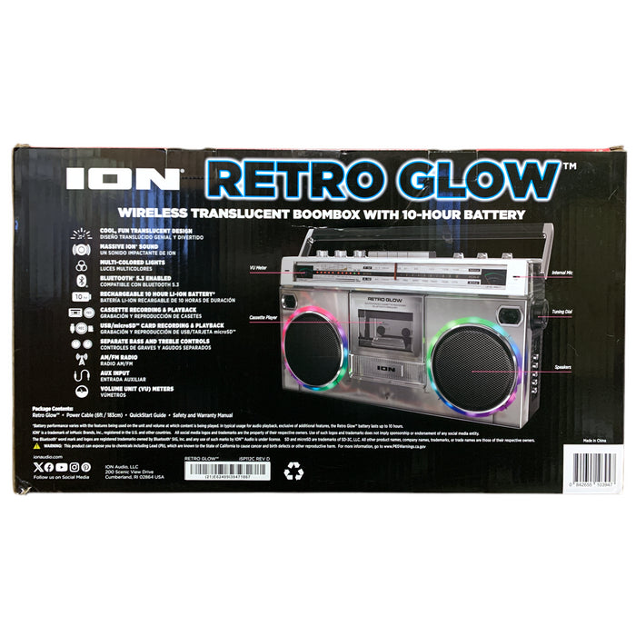 Ion Retro Glow Bluetooth Wireless Translucent Boombox with 10-Hour Battery
