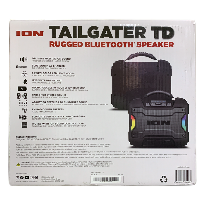 ION Audio Tailgater TD Rugged Portable Water-Resistant Bluetooth Speaker