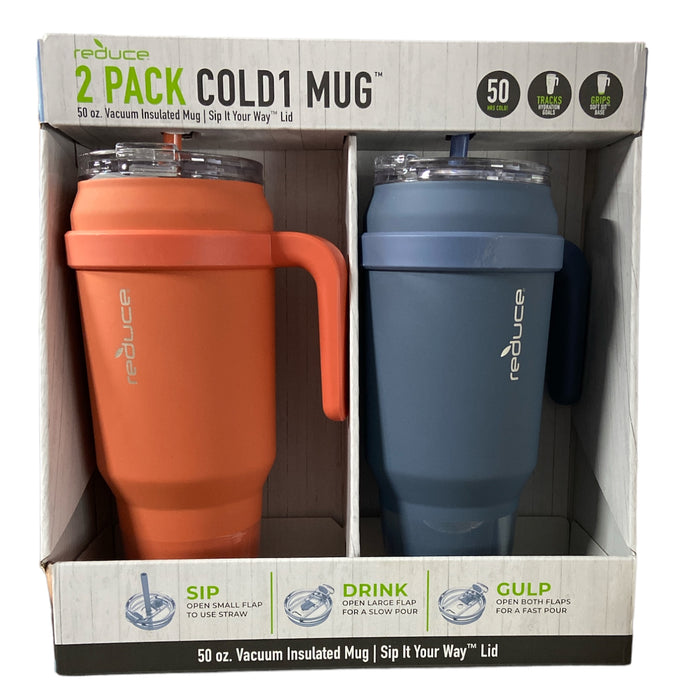 REDUCE 50 oz Mug Tumbler with Handle and Straw, Stainless Steel, 2pk, Clay/Slate