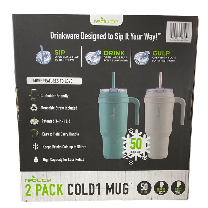 REDUCE 50 oz Mug Tumbler with Handle and Straw, Stainless Steel, 2pk, Clay/Slate