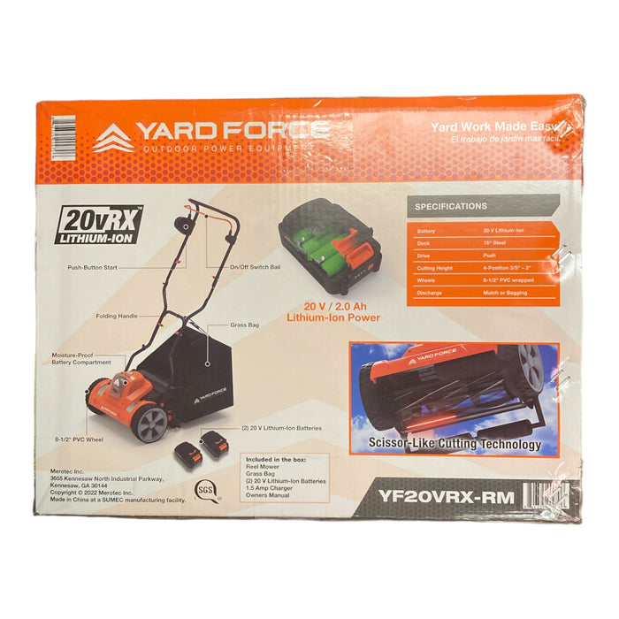 Yard Force YF20VRX-RM 20-Volt Reel Mower Compact Storage Grass Bag 15 In. Wide