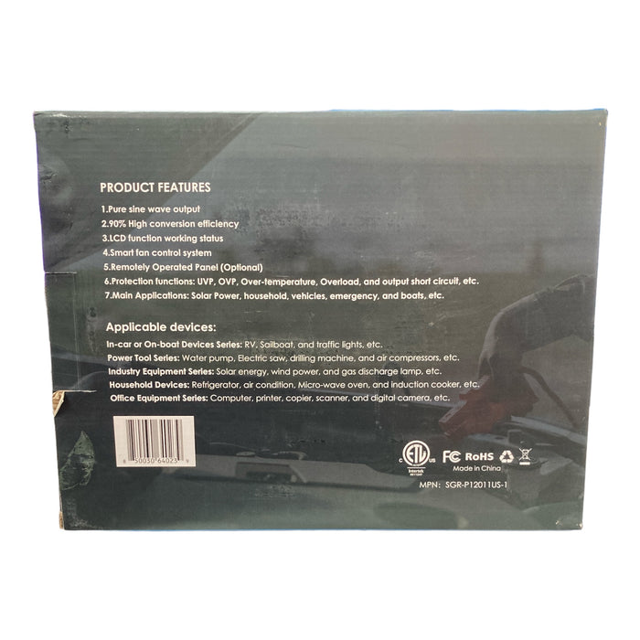 Massimo 1200W Pure Sine Wave Inverter, DC 12V Input, 110AC Output, 60Hz Output