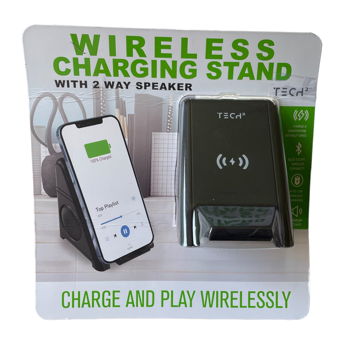Tech Squared Wireless Charging Stand with 2 Way Speaker, Black