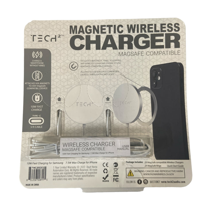 Tech2 Magnetic Wireless Charger, Magsafe compatible, 2 pack