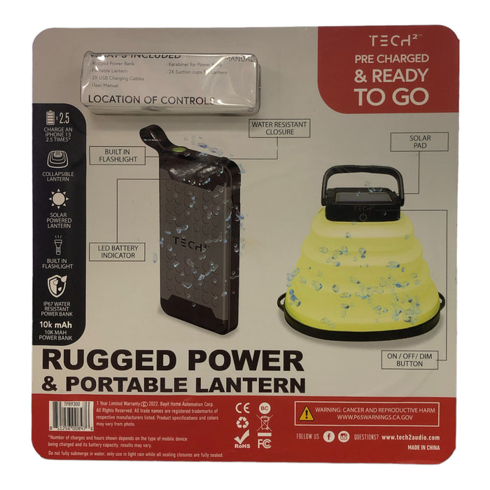 Tech Squared Outdoor IP67 Rugged Power Bank 10k mAh and Portable Solar Lantern