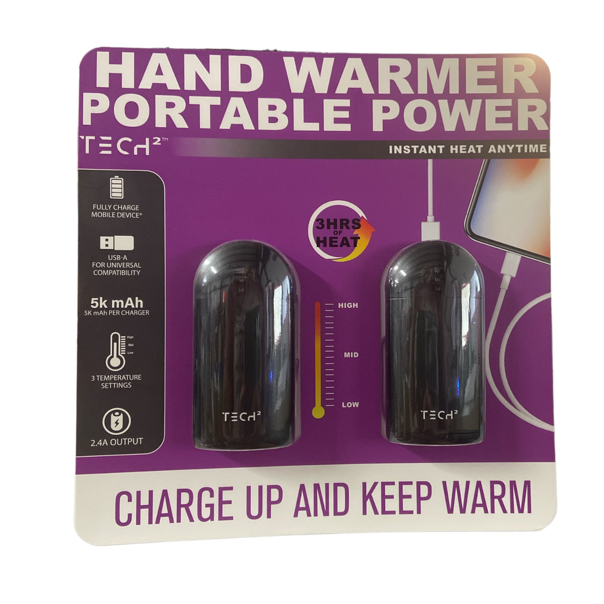 Techppick Power Bank Tech2 Tech Squared Power Bank w/ Hand Warmer, 2 Pack (TPB9000 ...