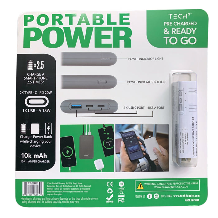 Techppick Power Bank Tech2 Portable Power 10k mAh Power Bank 2 Pack, 2 x USB-C & 1 USB-A Po ...
