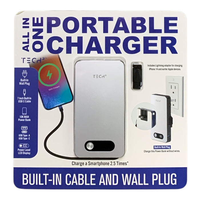 Tech Squared All-in-One Portable Charger, 10K mAH Plug-In Power Bank, Silver