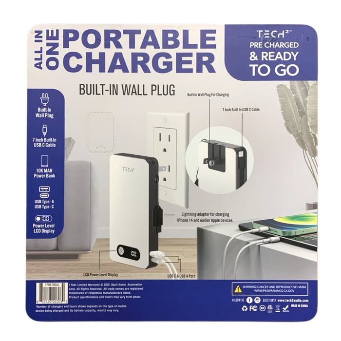 Tech Squared All-in-One Portable Charger, 10K mAH Plug-In Power Bank, Silver