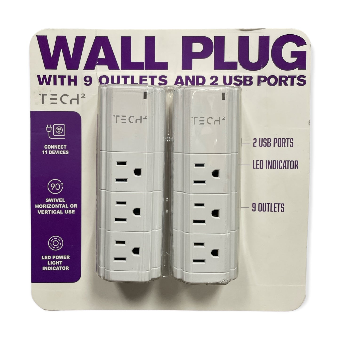 Tech2 9 Outlet 2 USB Port Wall Plug, 2 Pack, White