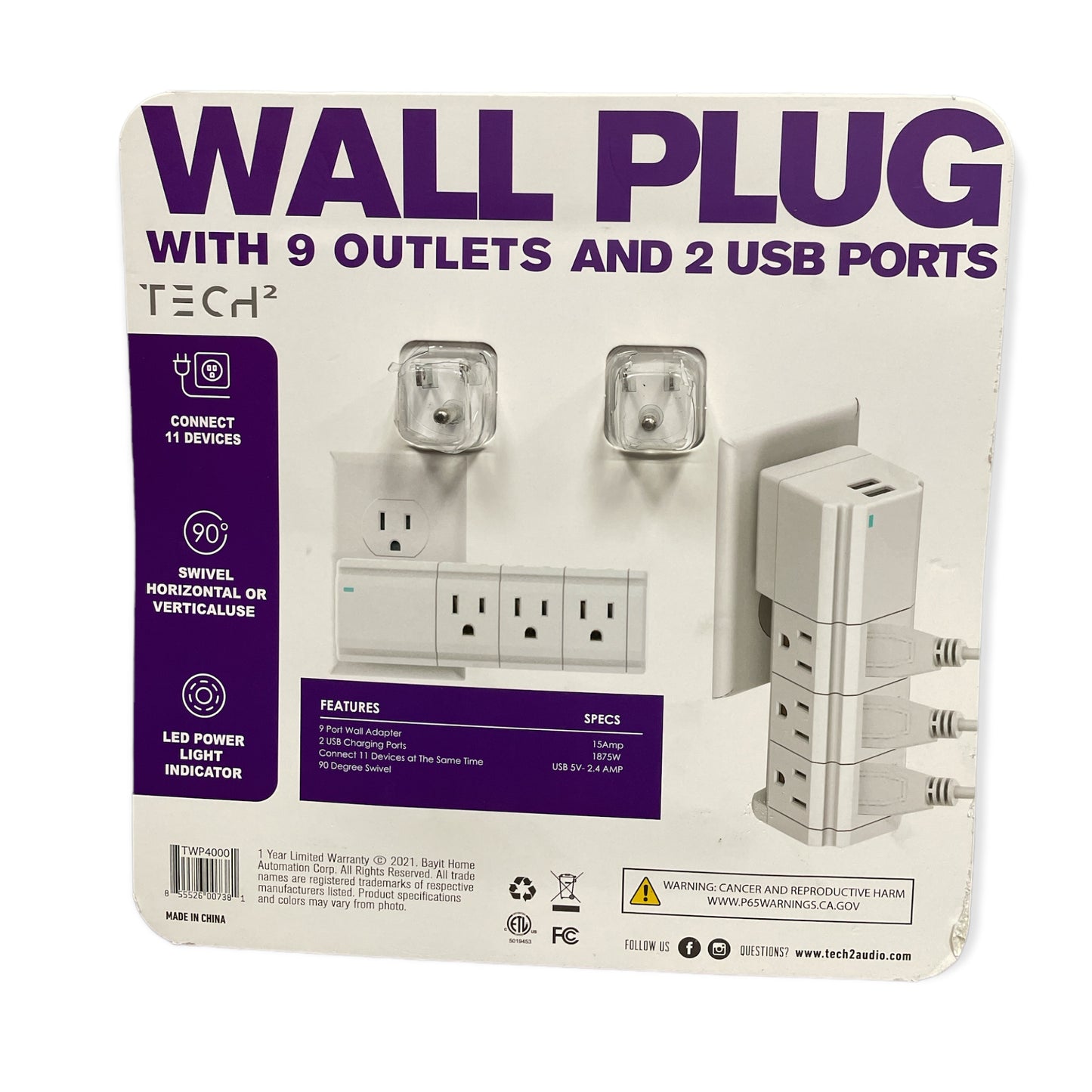 Tech2 9 Outlet 2 USB Port Wall Plug, 2 Pack, White