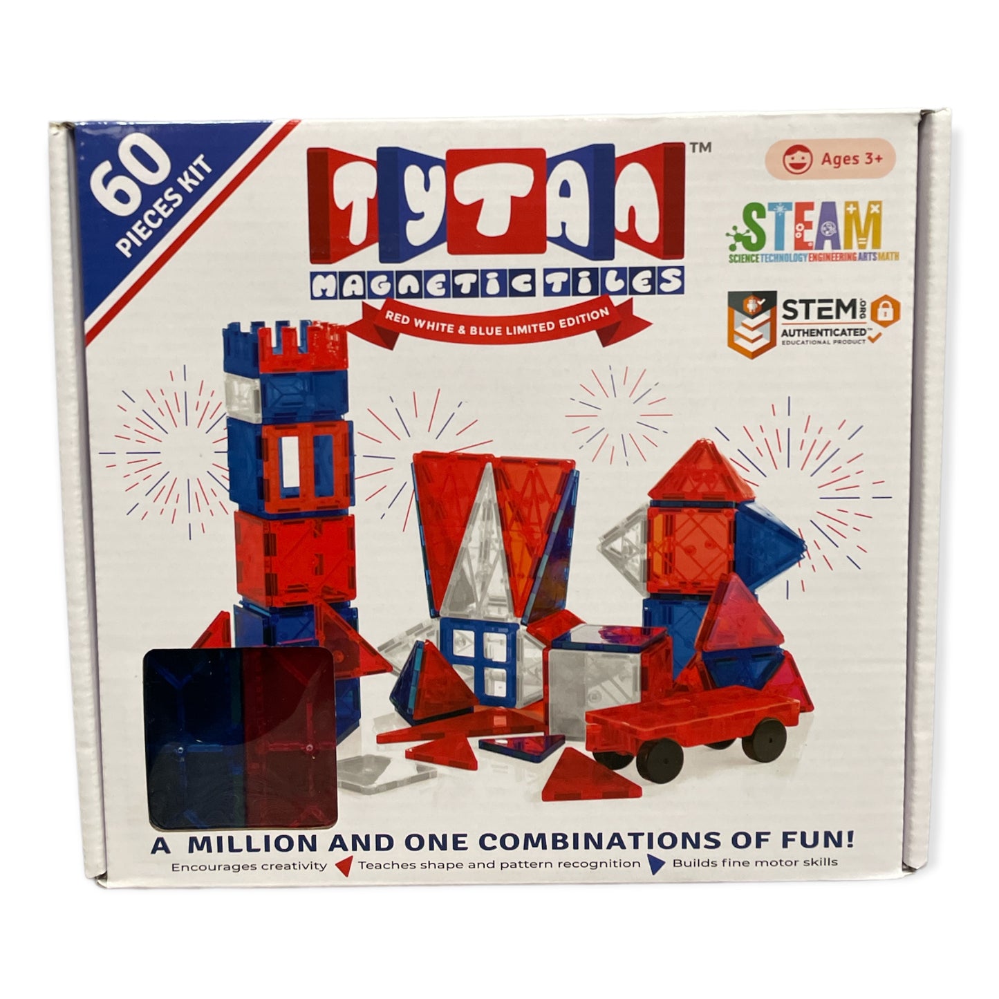 Tytan Magnetic STEM Learning Tiles 60 Piece Building Set, Red White and Blue
