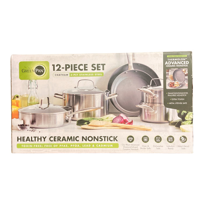 Greenpan 12-Piece Chatham Stainless Steel Ceramic Nonstick Cookware Set