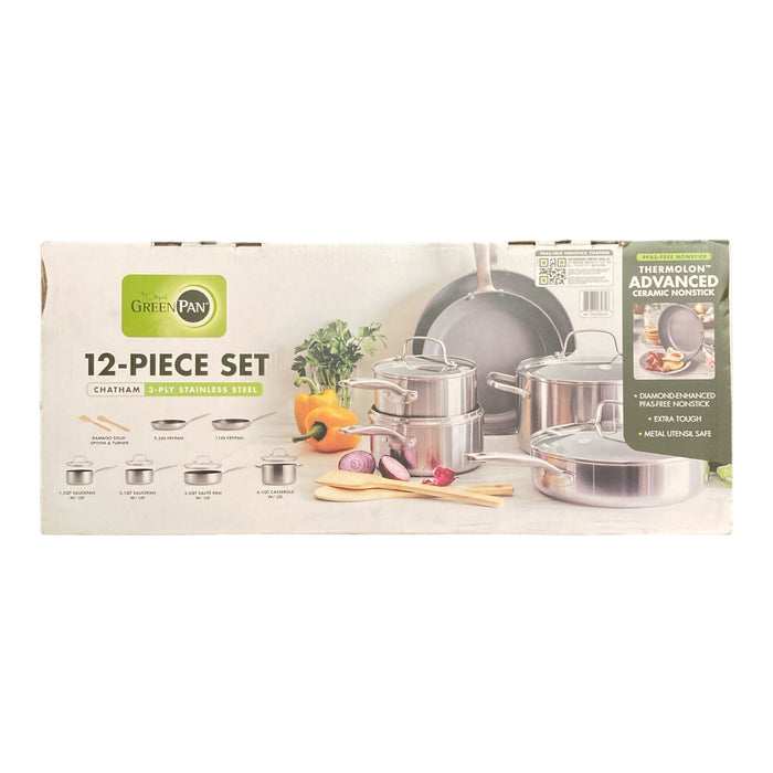 Greenpan 12-Piece Chatham Stainless Steel Ceramic Nonstick Cookware Set