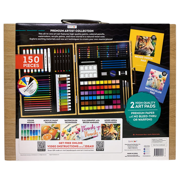 Bendon Deluxe Wooden Artist Case, 150 Pieces, Includes 2 Art Pads