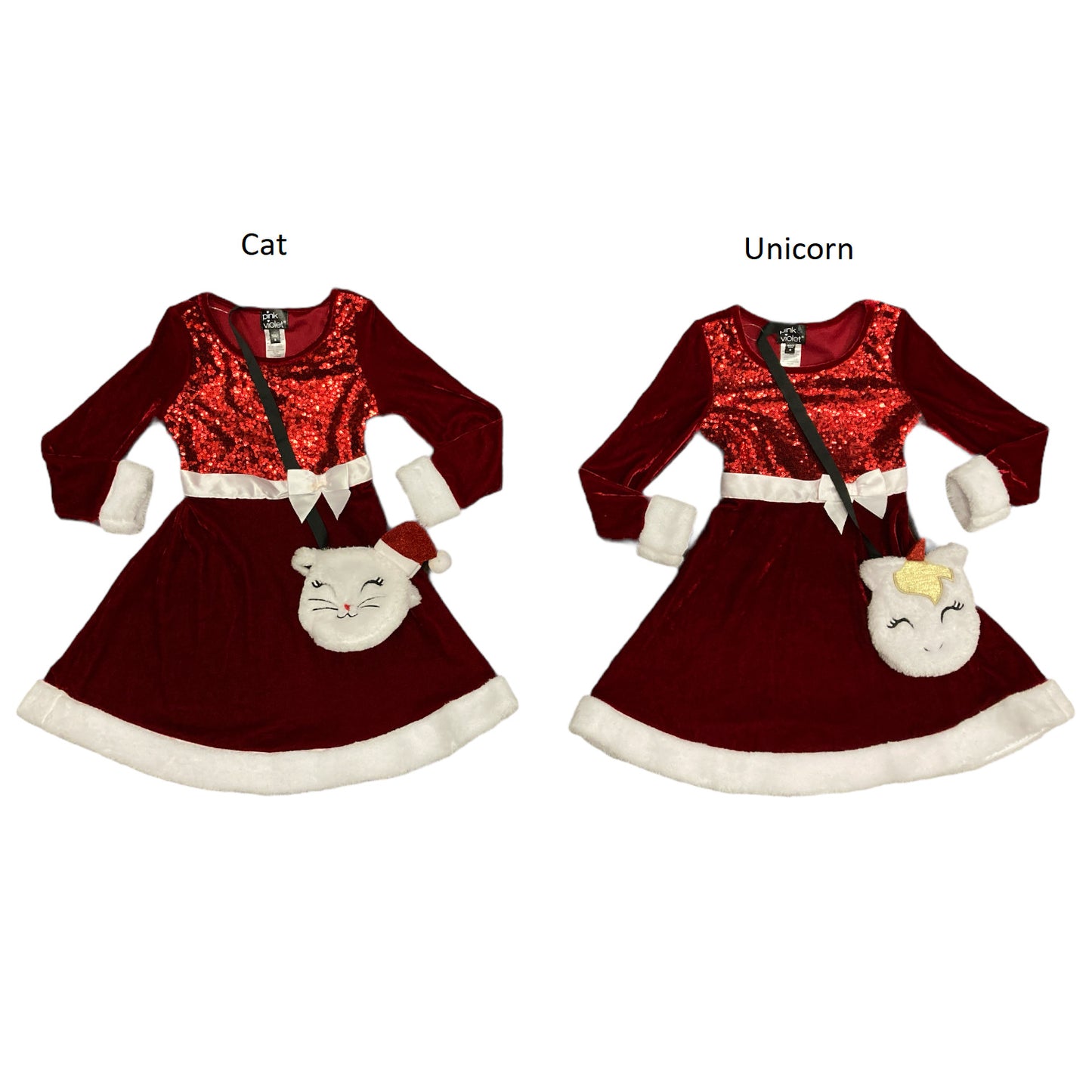 Pink & Violet Girls' Sequin Bodice Velvet Santa Holiday Dress w/ Purse