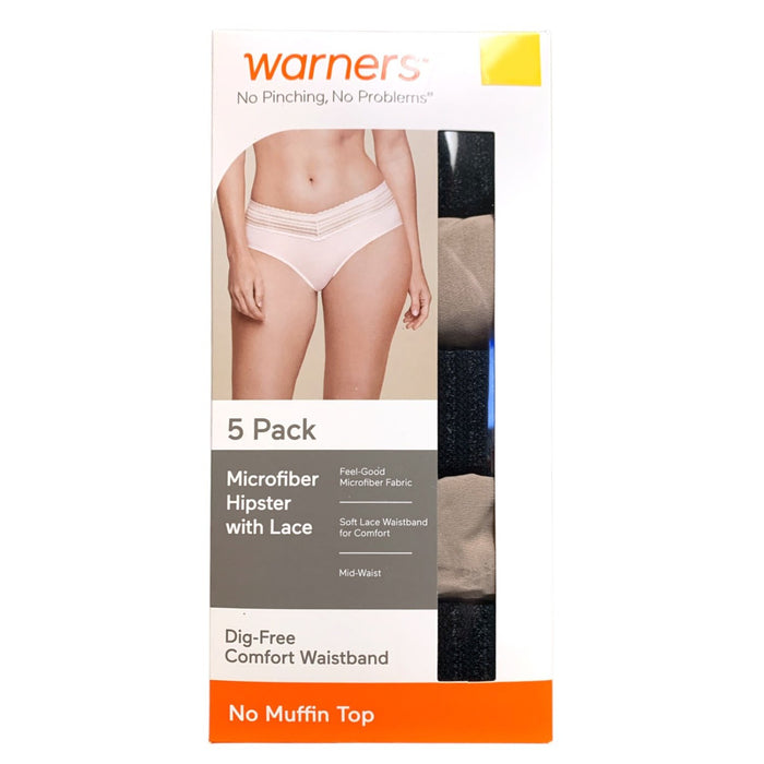 Warners Women's 5-Pack Microfiber Hipster Panty with Lace, Dig-Free Comfort Band