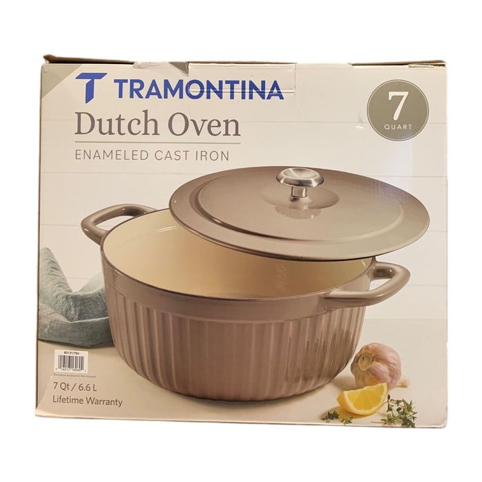 Tramontina 7-Quart Round Fluted Enameled Cast Iron Dutch Oven, Roasted Cashew
