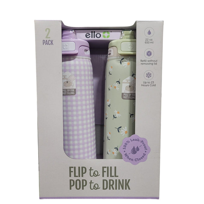 Ello Pop & Fill 22oz. Stainless Steel Water Bottle with Locking Lid, 2 Pack
