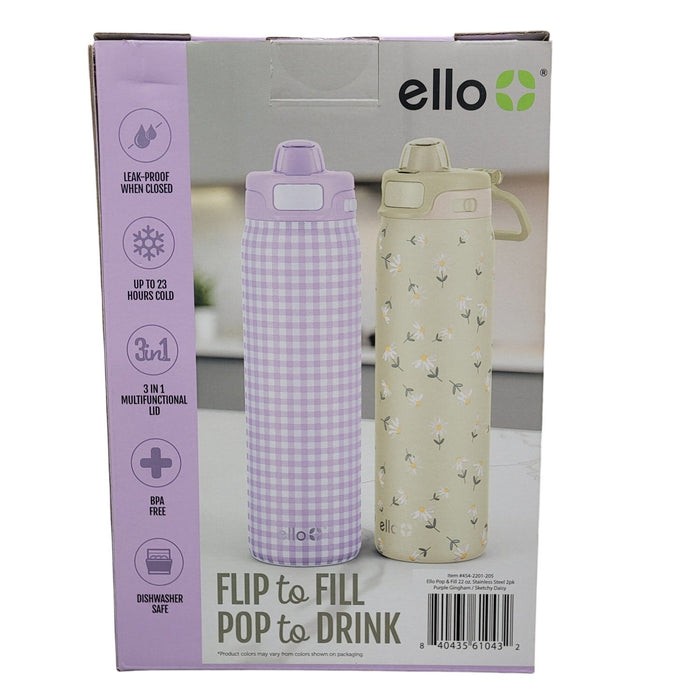 Ello Pop & Fill 22oz. Stainless Steel Water Bottle with Locking Lid, 2 Pack
