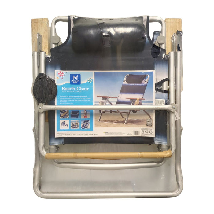 Member's Mark 5 Position Beach Chair with Wooden Armrest, Blue Ombre