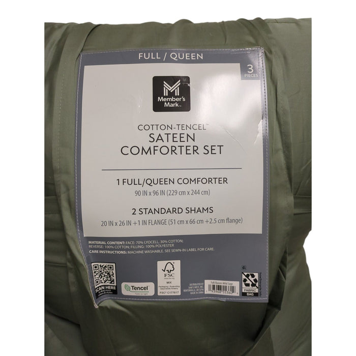 Member’s Mark 3-Piece Cotton-Tencel Sateen Comforter Set, Green, Full/Queen