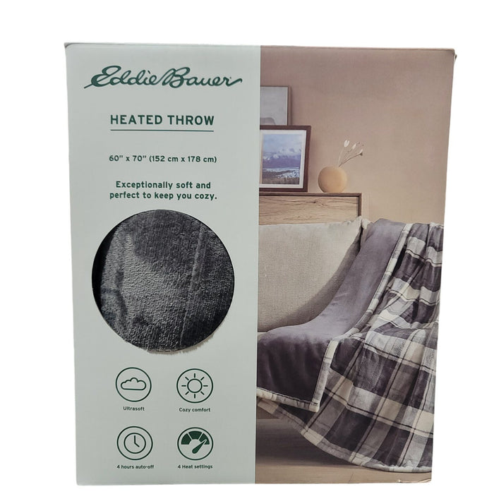 Eddie Bauer Reversible Plaid Heated Plush Throw Blanket, 60"x70", Grey