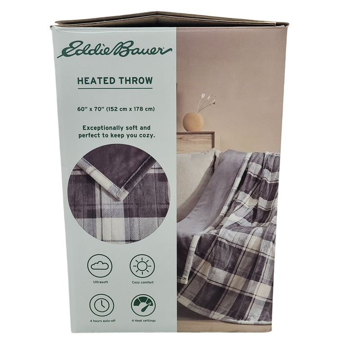 Eddie Bauer Reversible Plaid Heated Plush Throw Blanket, 60"x70", Grey