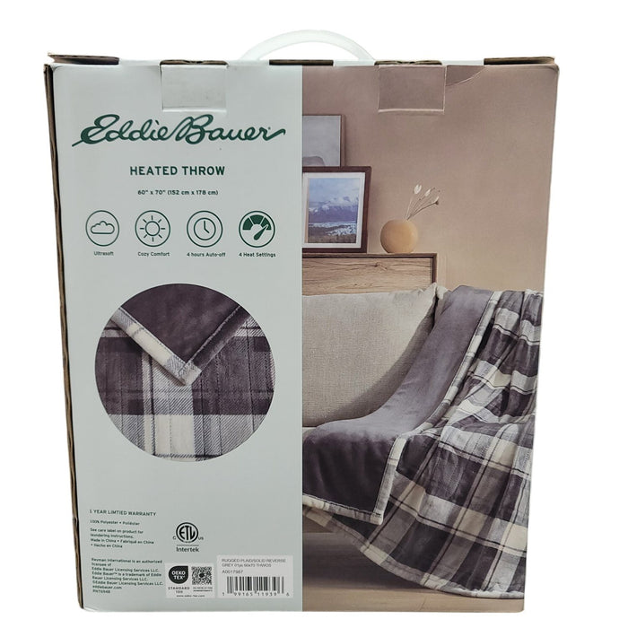 Eddie Bauer Reversible Plaid Heated Plush Throw Blanket, 60"x70", Grey