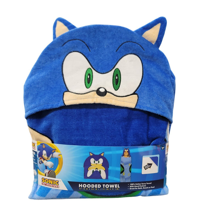 Franco Kids Character 100% Cotton Hooded Towel with Hand Pockets (Sonic)