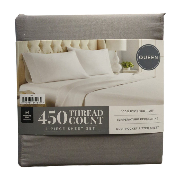 Member's Mark 450-Thread-Count 100% Cotton Solid 4 Piece Sheet Set, Zinc, Queen
