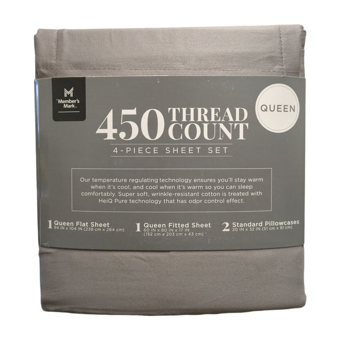 Member's Mark 450-Thread-Count 100% Cotton Solid 4 Piece Sheet Set, Zinc, Queen