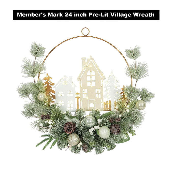 Member's Mark 24" Pre-Lit Village Wreath with Metal Base and LED Lights