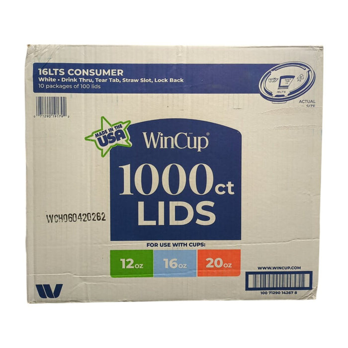WinCup Lids with Drink Thru Tear Back, 16 Series, White, 1000ct