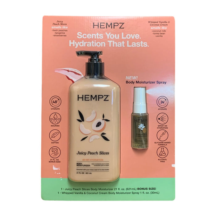 Hempz Juicy Peach Lotion and Vanilla & Coconut Moisturizer Spray Set