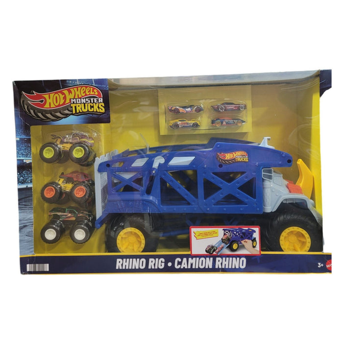 Hot Wheels Monster Trucks Rhino Rig Load & Launch Bundle with 9 Vehicles