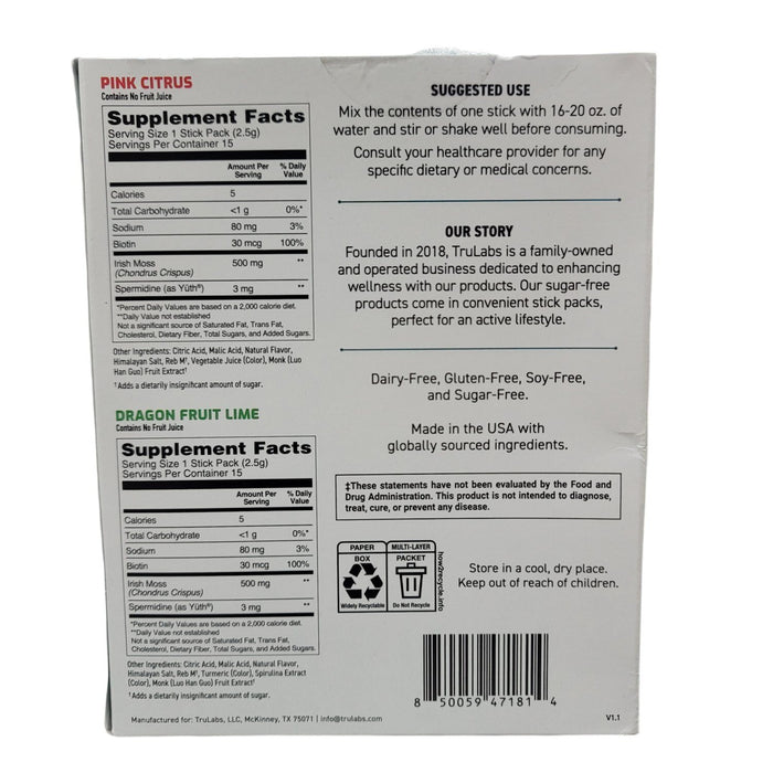 TruLabs Sea Moss Drink Mix Powder Pink Citrus and Dragon Fruit Lime 30 ct.