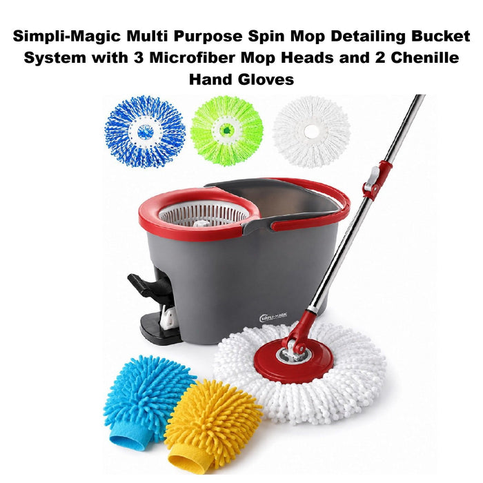Simpli-Magic Spin Mop Bucket System with 3 Microfiber Mop Heads, 2 Hand Gloves