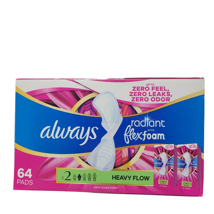 Always Radiant FlexFoam Heavy Flow Pads, Unscented, Size 2, 64 ct.