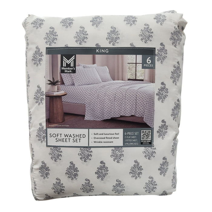 Member's Mark Softwshed Sheet Set, King, Shelby Blockprint Grey
