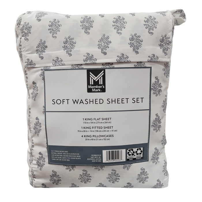 Member's Mark Softwshed Sheet Set, King, Shelby Blockprint Grey