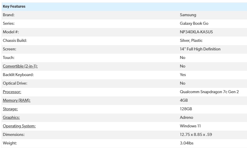 Samsung Galaxy Book Go 14" Qualcomm 7C Kryo465 Processor 4GB RAM 128GB Memory