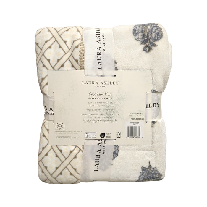 Laura Ashley Coco Luxe Plush Reversible Throw Blanket, 60in x 70in, Neutral
