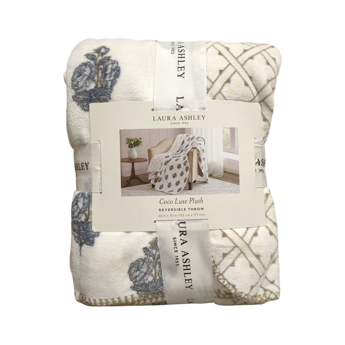 Laura Ashley Coco Luxe Plush Reversible Throw Blanket, 60in x 70in, Neutral