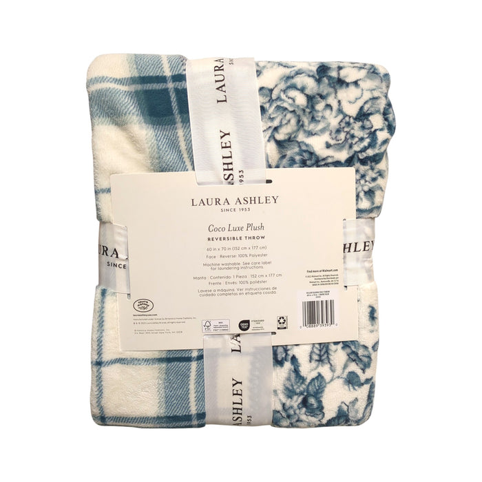 Laura Ashley Coco Luxe Plush Reversible Throw Blanket, 60in x 70in, Smoke Blue