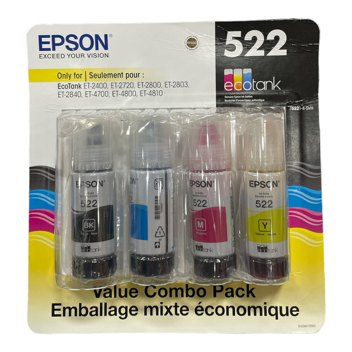 Epson 522 65mL Ink Bottles for Ecotank, 4 Count Value Pack - BMCU